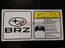 Picture of Subaru BRZ Visor Spec Sheet Sticker
